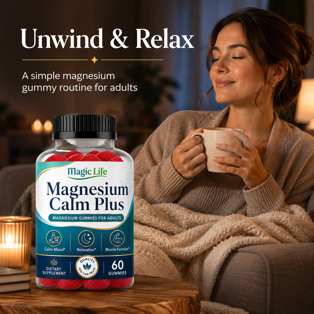 High Absorption Magnesium Citrate Gummies for Adults- Calm Mood, Relax Mind 60ct