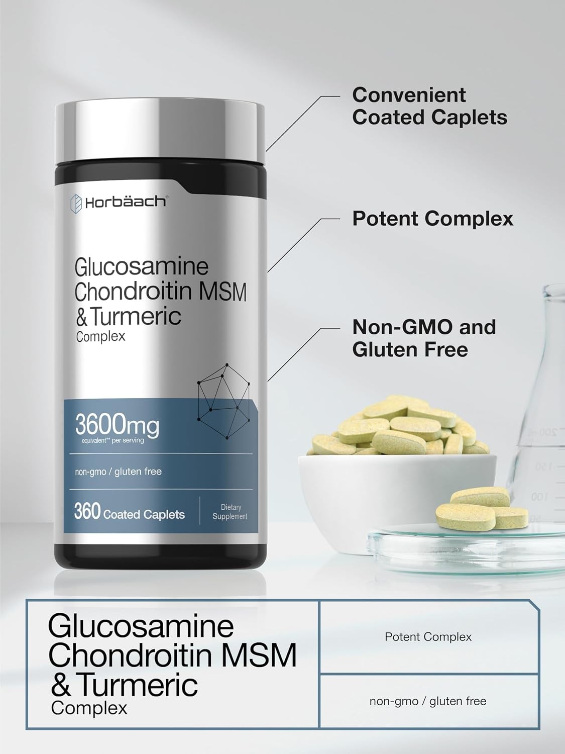 Glucosamine Chondroitin Turmeric MSM | 3600 mg | 360 Caplets | by Horbaach