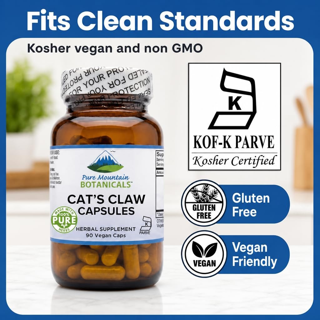 Pure Mountain Botanicals Cat’s Claw Capsules – 90 Kosher Vegan Caps with 1000mg