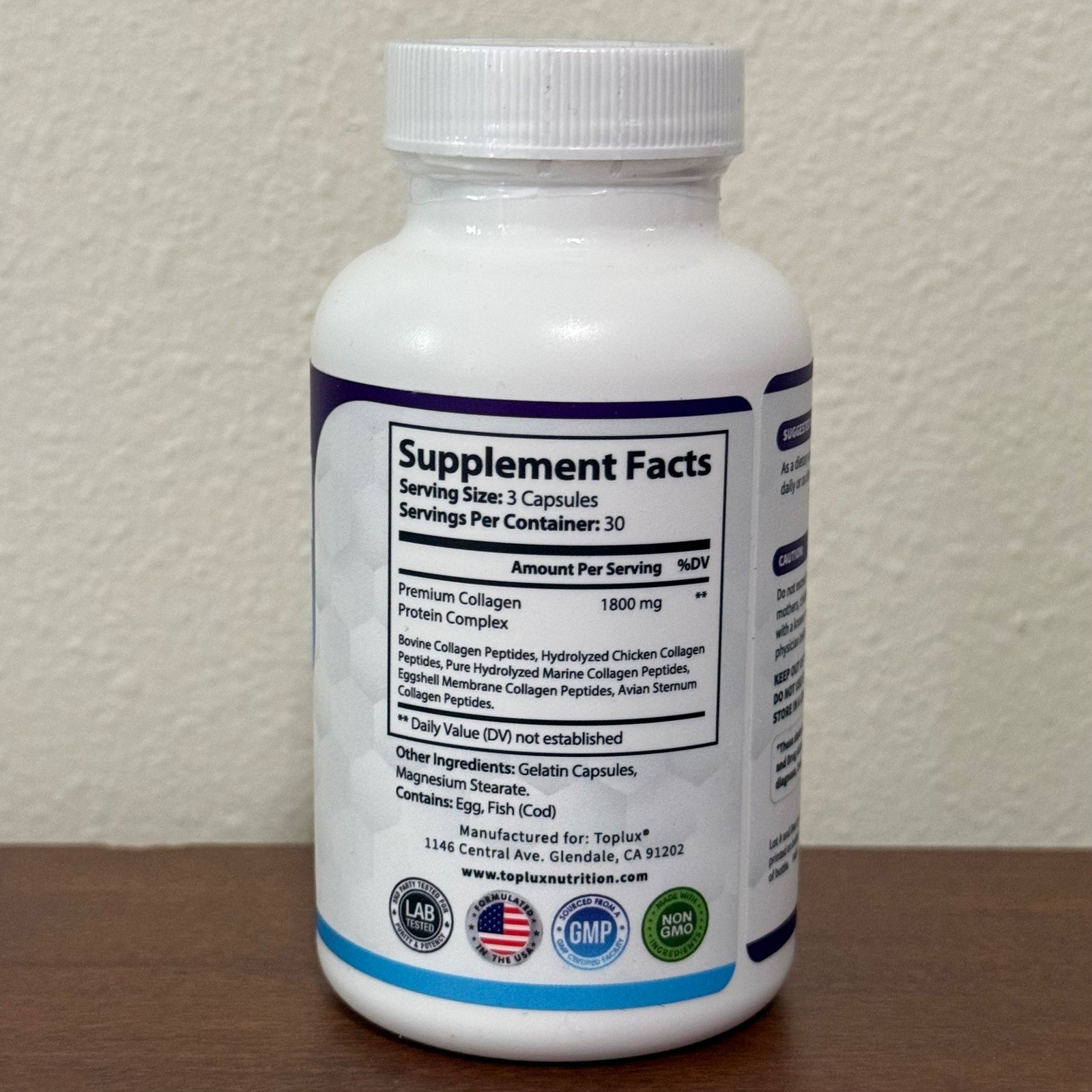 Toplux Collagen Peptides Unisex 90ct White New 1800mg Type I II III V X Capsules