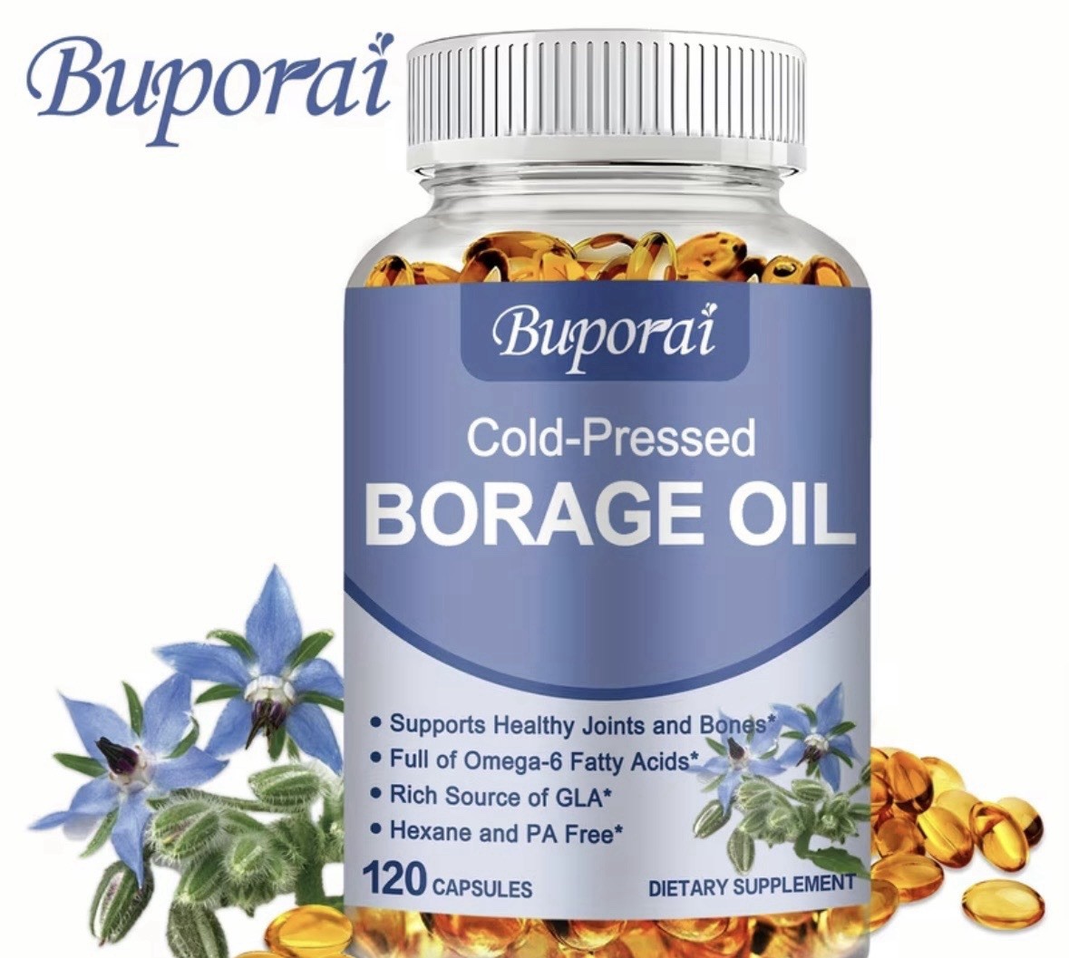 Buporai Cold-Pressed Borage Oil 1000mg Hexane-Free 120 Capsules Joint