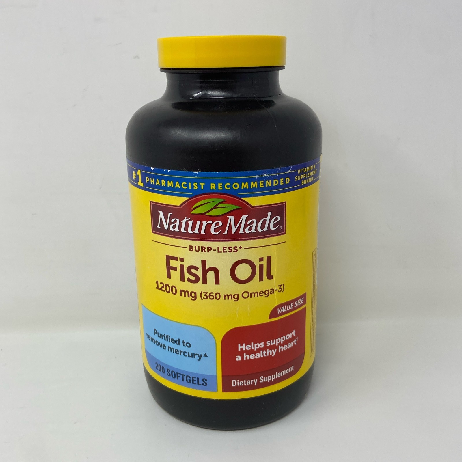 Nature Made Burp-Less Fish Oil 1200mg 200 Softgels Yellow/Black Bottle