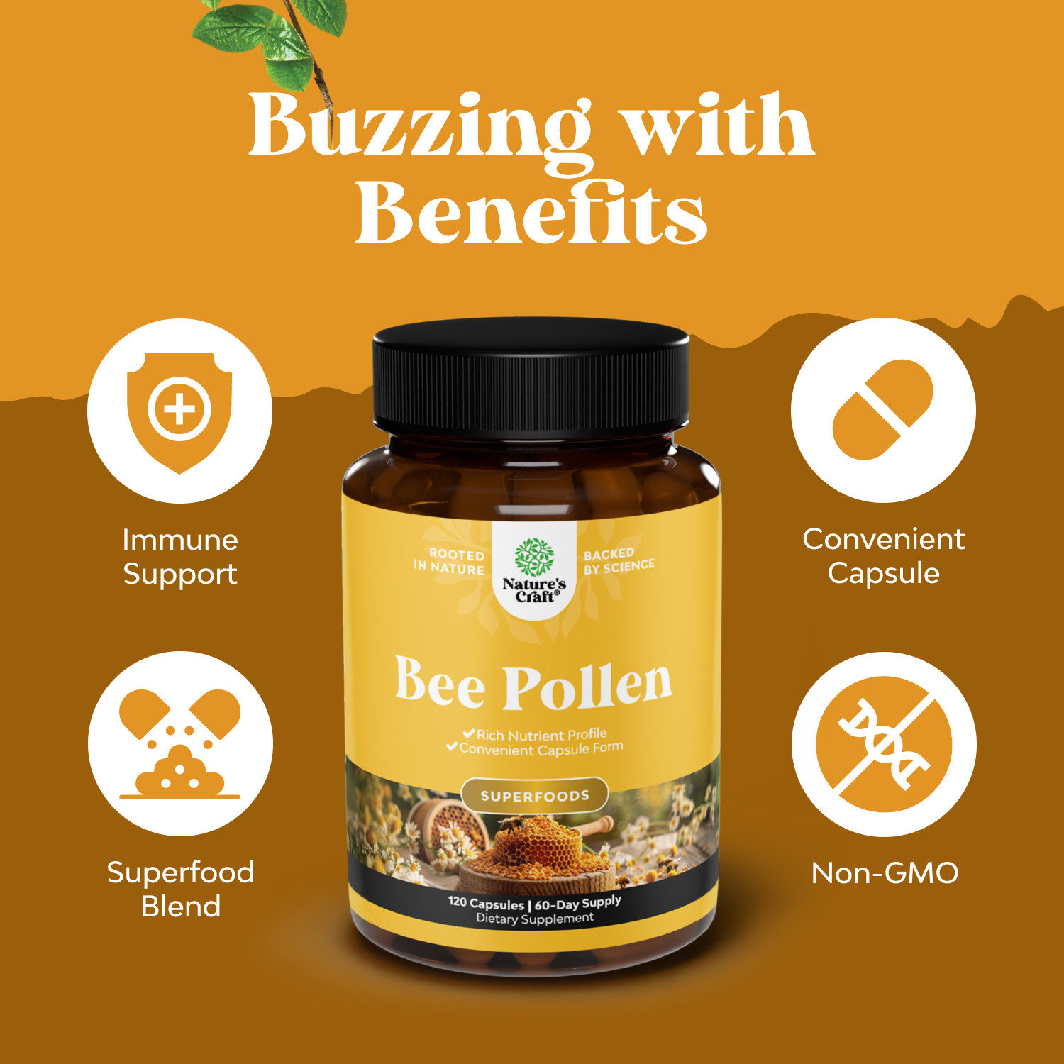 Bee Pollen Supplement 1000mg per Serving – Pure Vegetarian Gluten-Free 120ct
