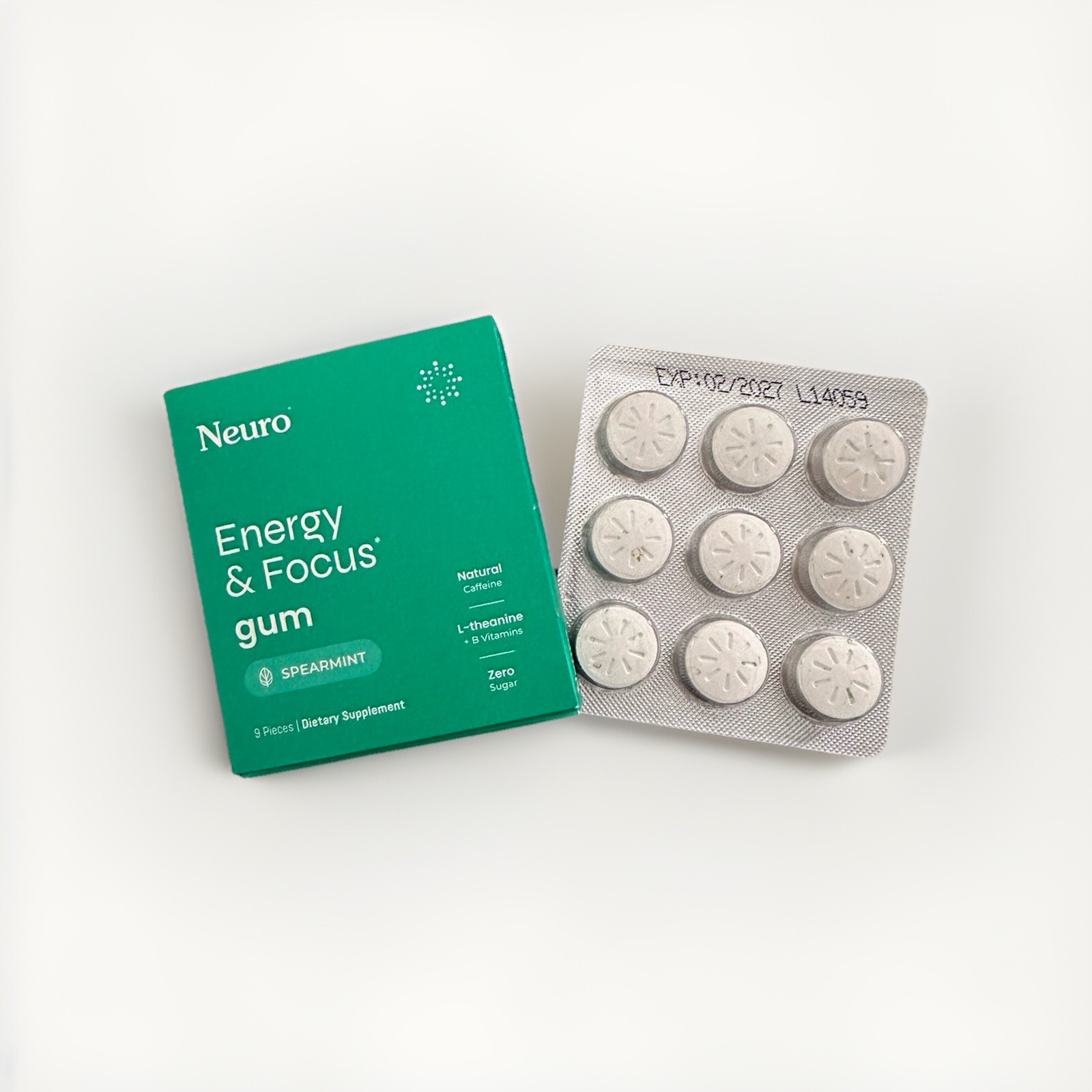 Neuro Gum L-theanine B-12 Nootropics Caffeine 2 pack 18 pcs New Spearmint Flavor