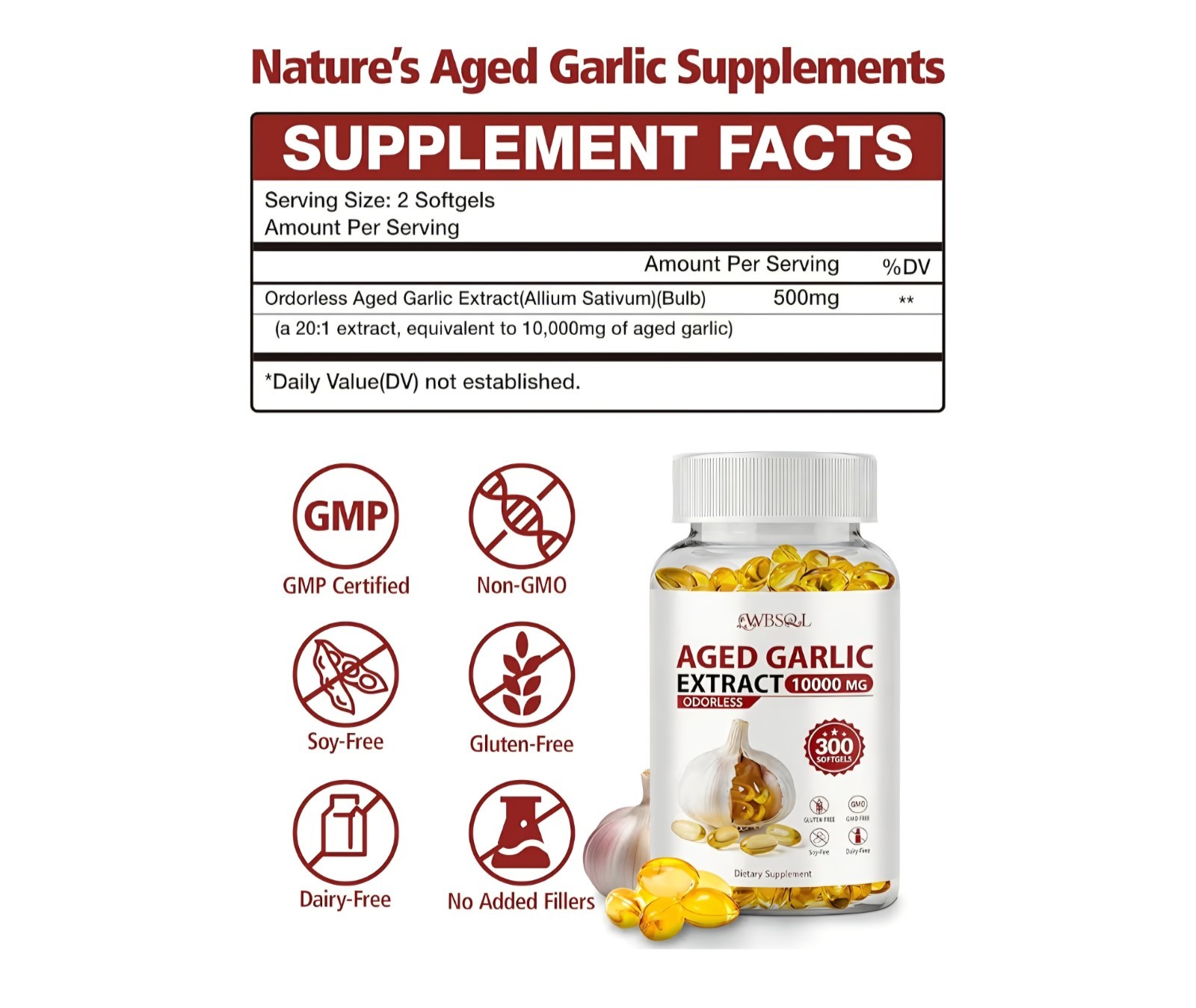WBS&L Aged Garlic Extract Odorless 500mg Softgels 300 Ct Gluten-Free