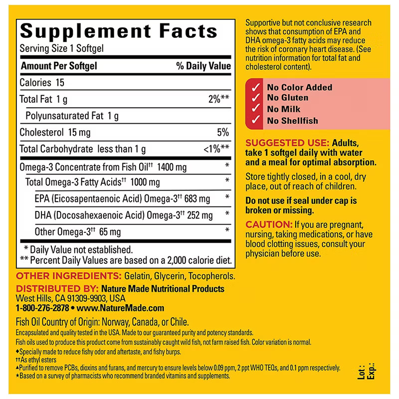 Nature Made Burp Less Fish Oil 1400mg Omega 3 Softgels 130 Count Lemon EXP-08/27