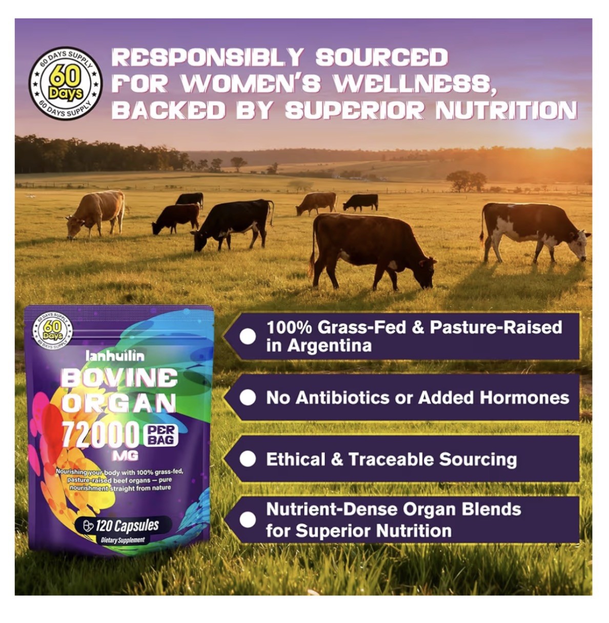 lanhuilin Bovine Organ 72000mg 120 Capsules Dietary Supplement