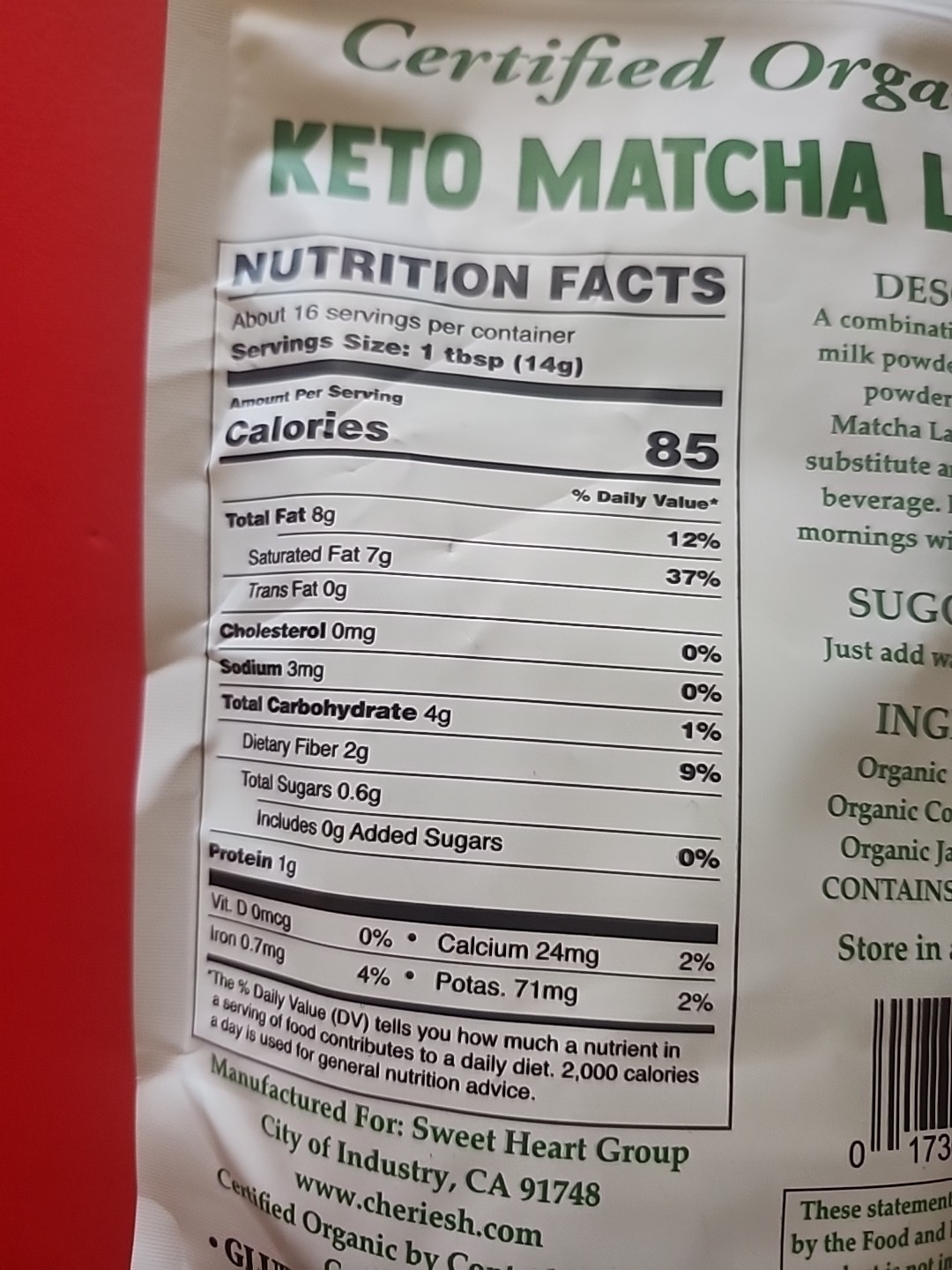 KETO MATCHA LATTE WITH MCT OIL POWDER GLUTEN FREE, NON GMO
