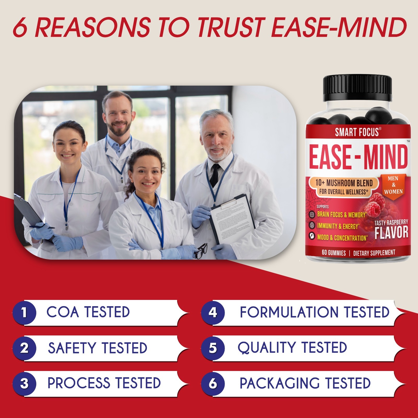 Ease-Mind Mushroom Gummies Lions Mane Reishi Cordyceps Focus Support 60ct