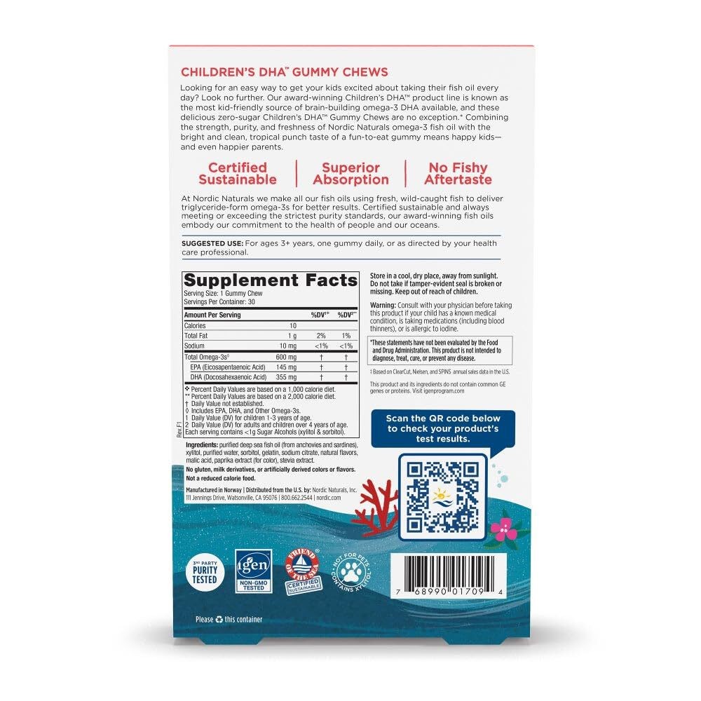 1/27 Nordic Naturals Zero Sugar Children’s DHA Gummy Chews, Tropical Punch – 30
