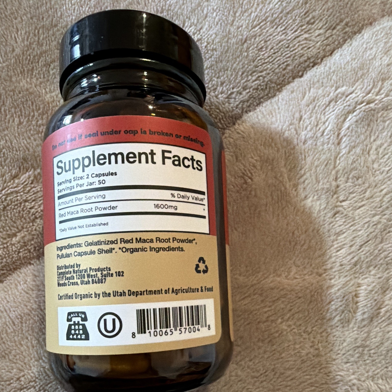 Complete Natural Products Red Maca Root Powder 800mg 100 Capsules USDA Organic