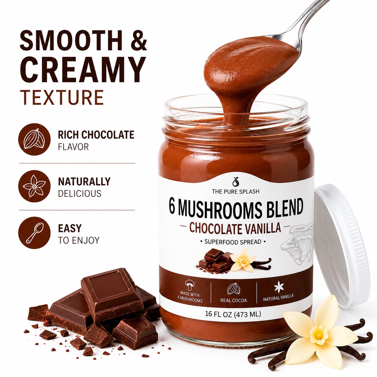 Chocolate Vanilla 6 Mushroom Blend Superfood Spread | Lion’s Mane Reishi 16 oz