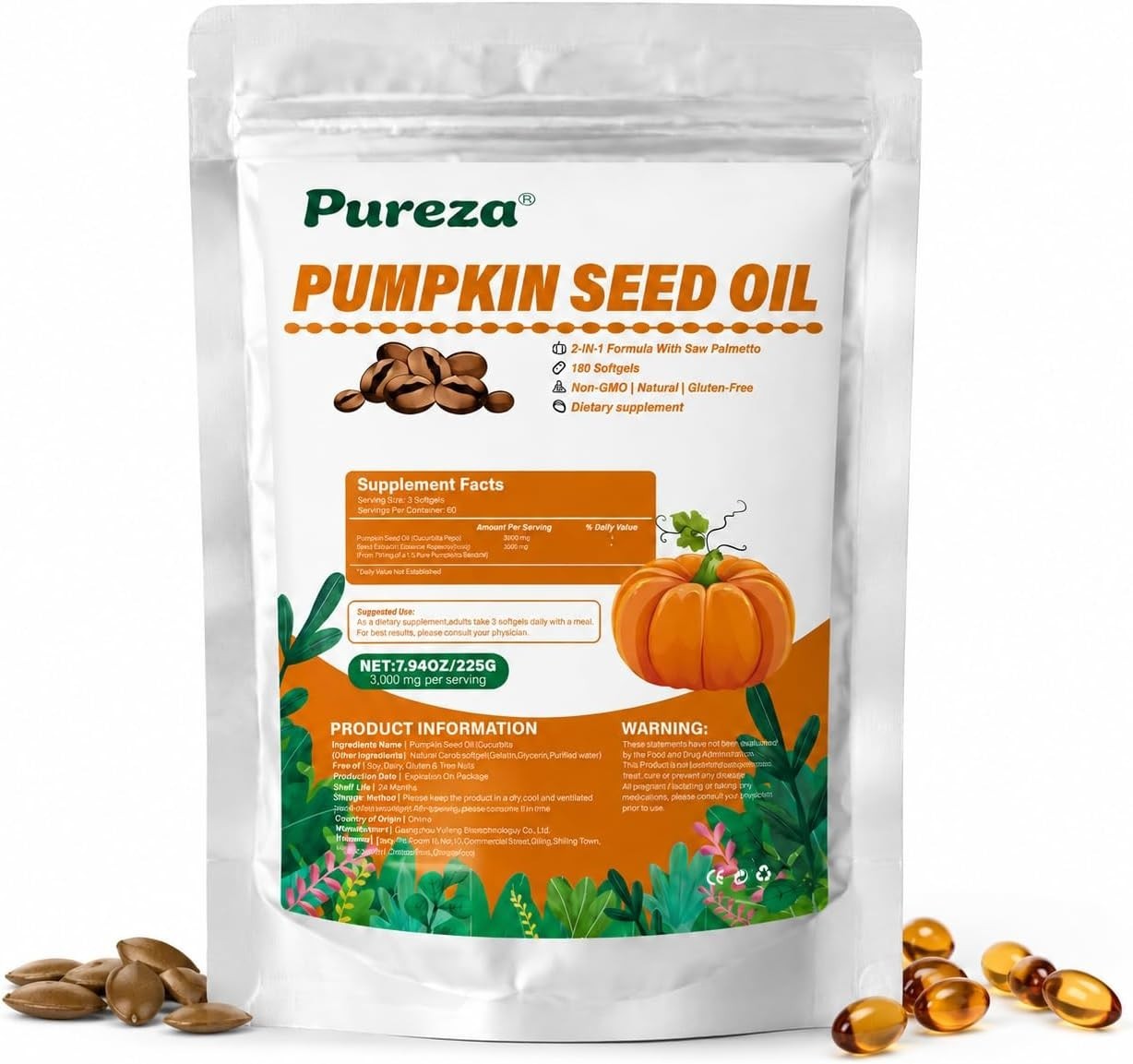 2-in-1 Pumpkin Seed Oil 3000mg with Saw Palmetto Softgels Hair Support 60ct