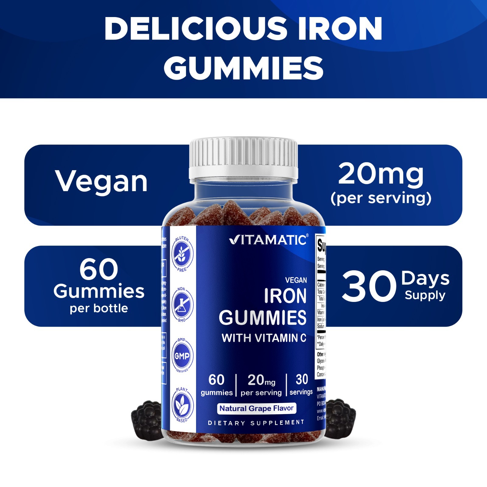 Vitamatic Iron Gummies Supplement – 20mg Serving – 60 Gummies pack of 2