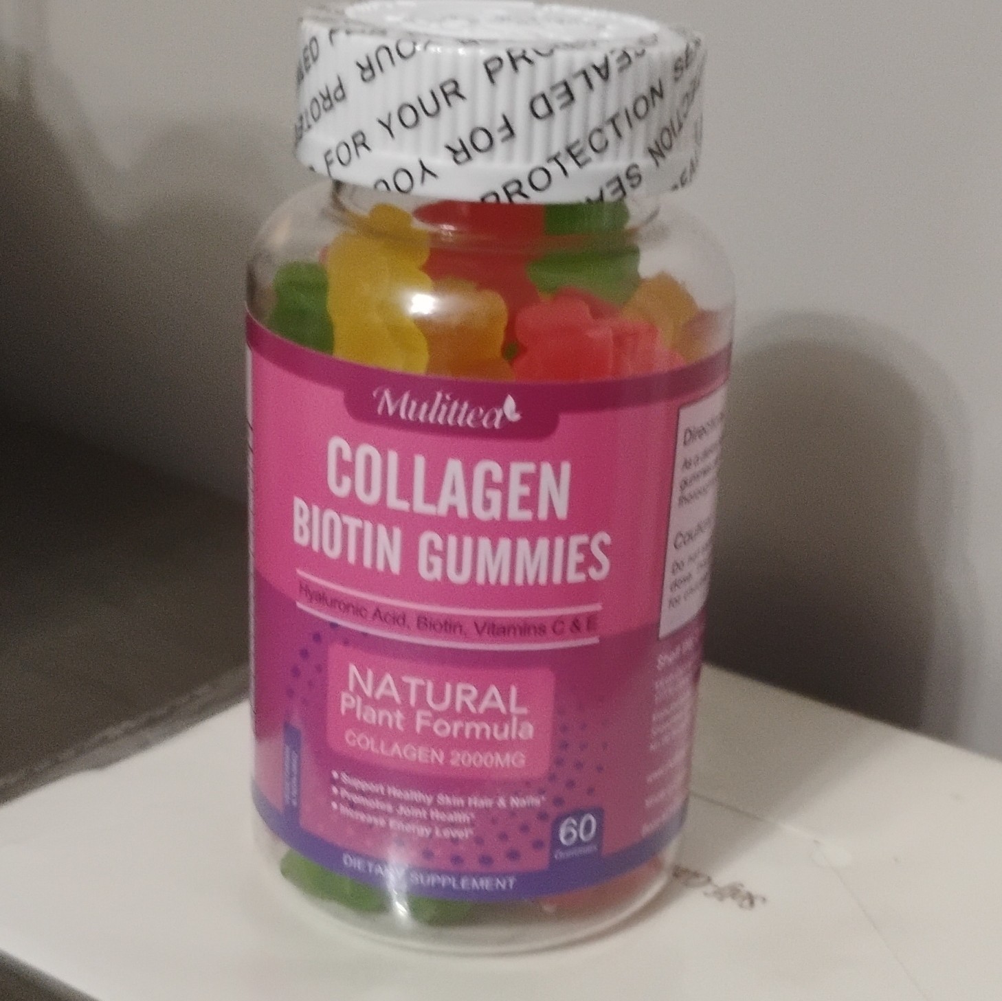 Multitea Collagen Biotin Gummies Hyaluronic Acid Vitamins C E Natural 60ct