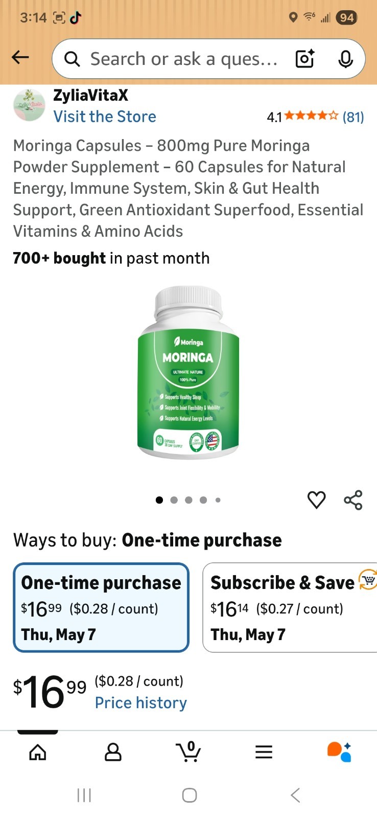ZyliaVitaX Moringa Capsules Energy Immune Skin Gut Joint Support 800mg 60ct