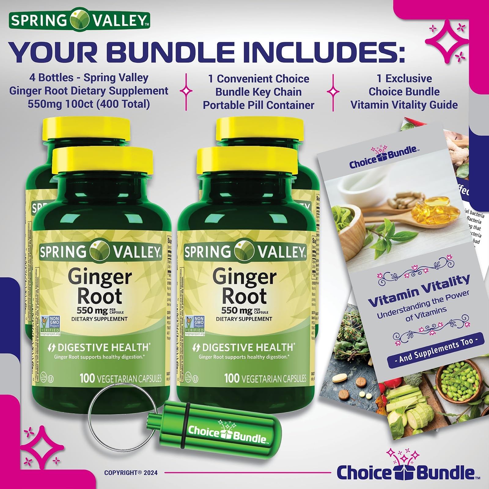 Spring Valley Ginger Root 550mg 400 Caps (4 Pk 100ct) + Vitality Vitamin & Case