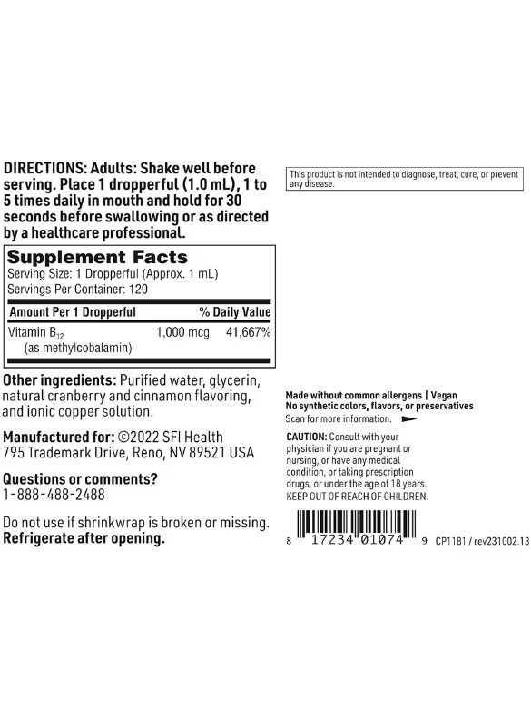 Klaire Labs Vitamin B12 Liquid Drops 1mg (4 Fluid Oz.) – Expiration: 08/2025