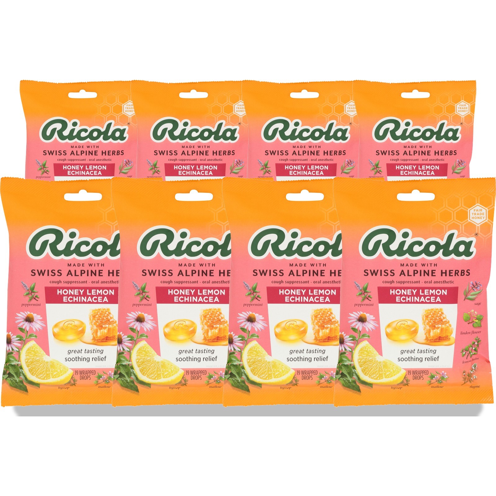Ricola Honey Lemon Echinacea Cough Relief Lozenges 19 Wrapped Drops Ct 8 Pack