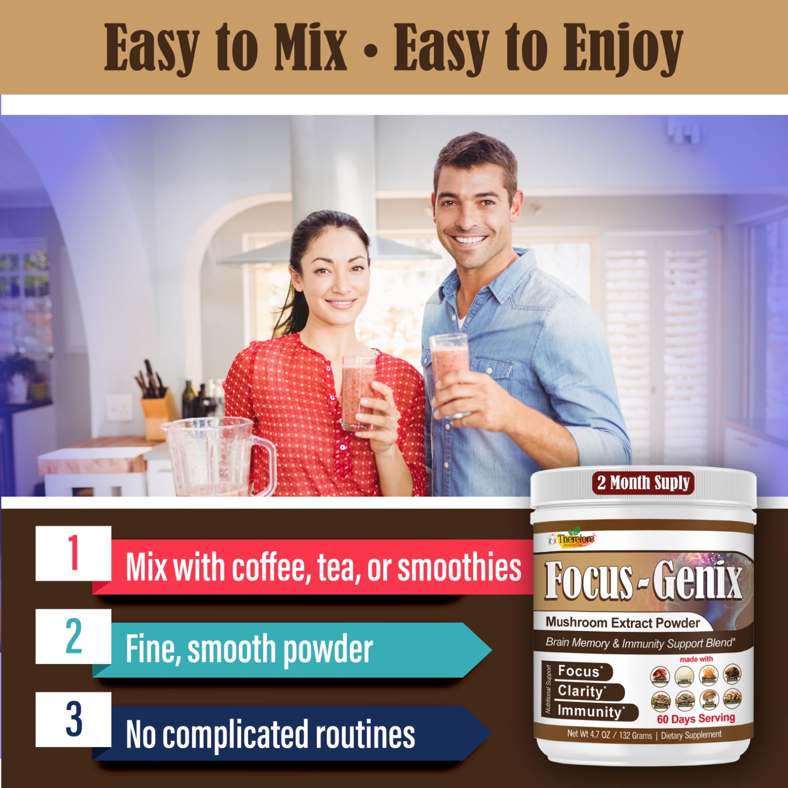 Mushroom Supplement Powder- Focus, Brain Health & Immune Support 60 Servings