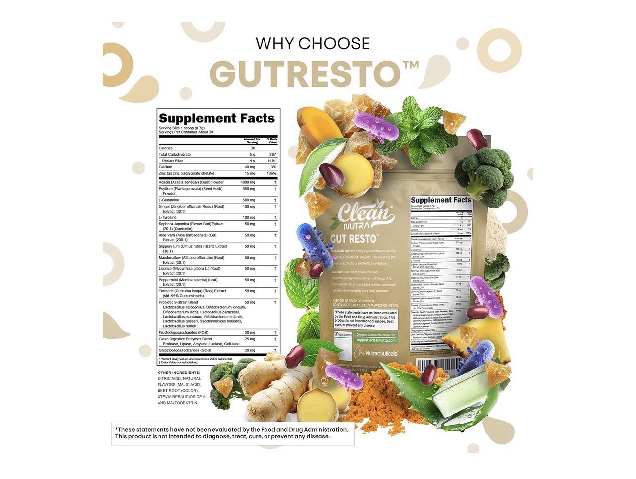Clean Nutra Gut Resto Fiber Powder Pink Lemonade Acacia Psyllium Ginger Vegan
