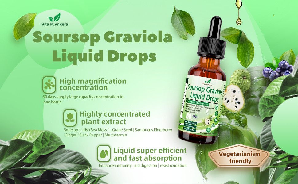 Soursop Graviola Liquid Drops, Soursop Extract Multivitamin Drops w. Sea Moss, G