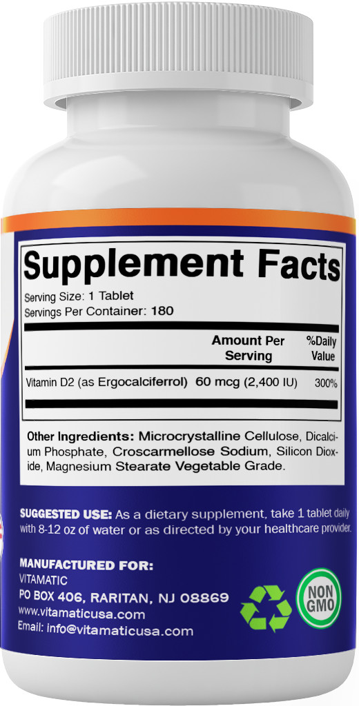 Vitamatic Vitamin D2 60 mcg (2400 IU) – Ergocalciferol – 180 Vegetarian Tablets