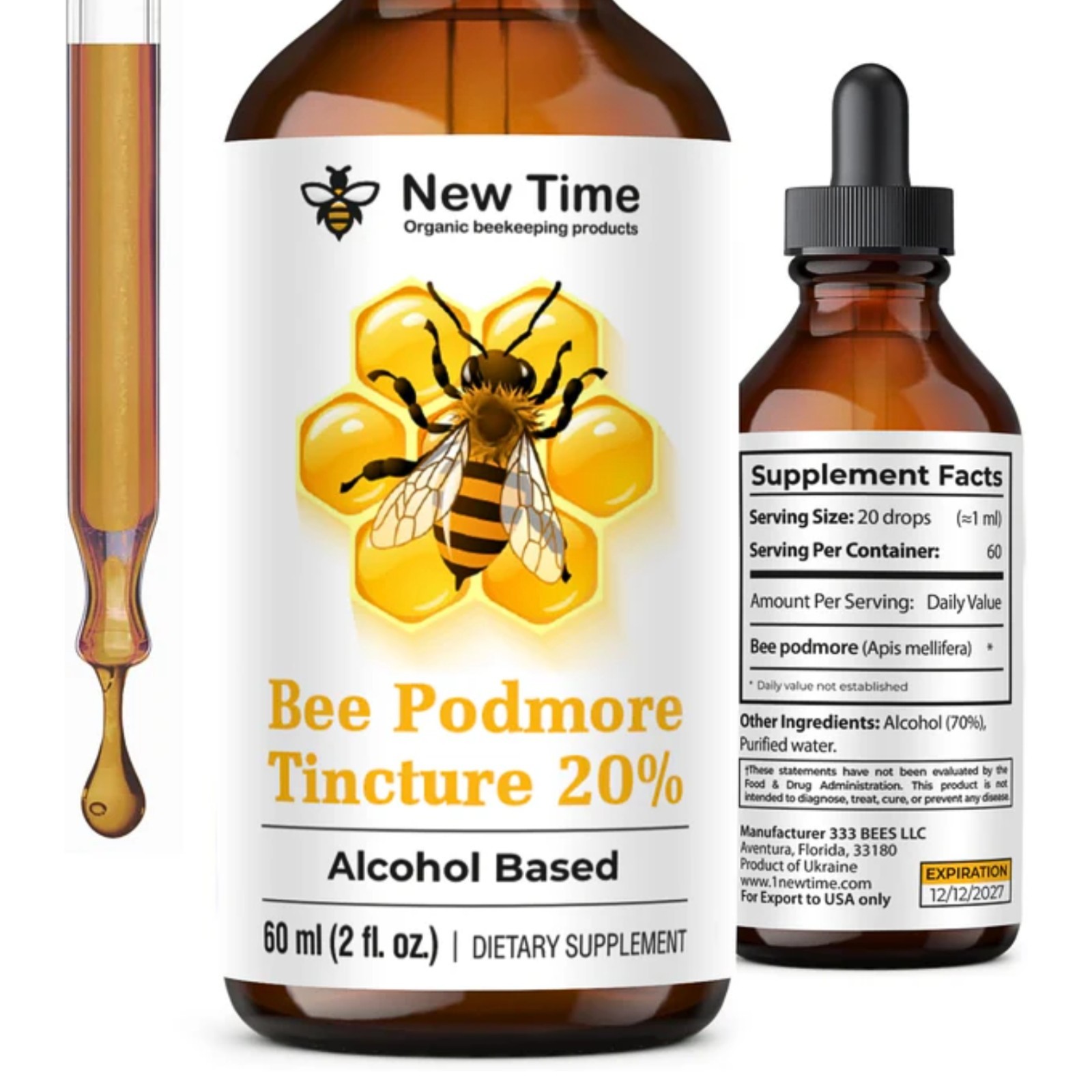 Pure Bee Podmore Tincture 20% – 3 Bottles 60mL Each Alcohol Extract Liquid Drop
