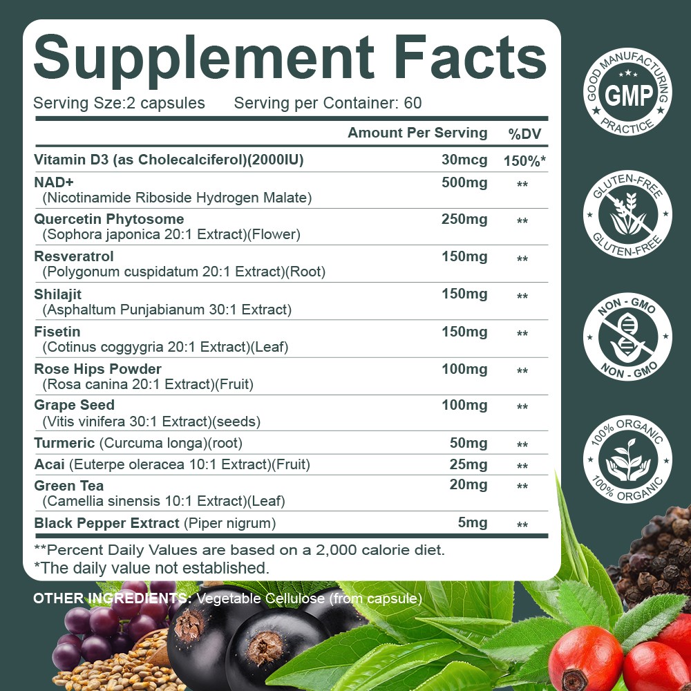 NAD+ Supplement 1500mg with Resveratrol | Cellular Health & Energy | 240Caps
