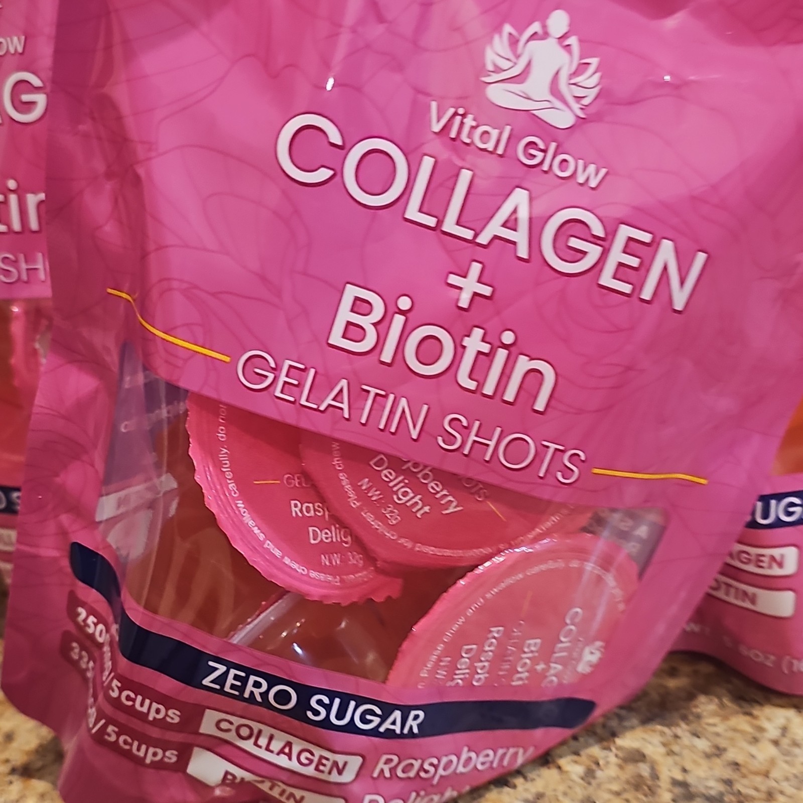 Vital Glow Collagen + Biotin Gelatin Shots Sugar-Free Raspberry Delight 5 Pack