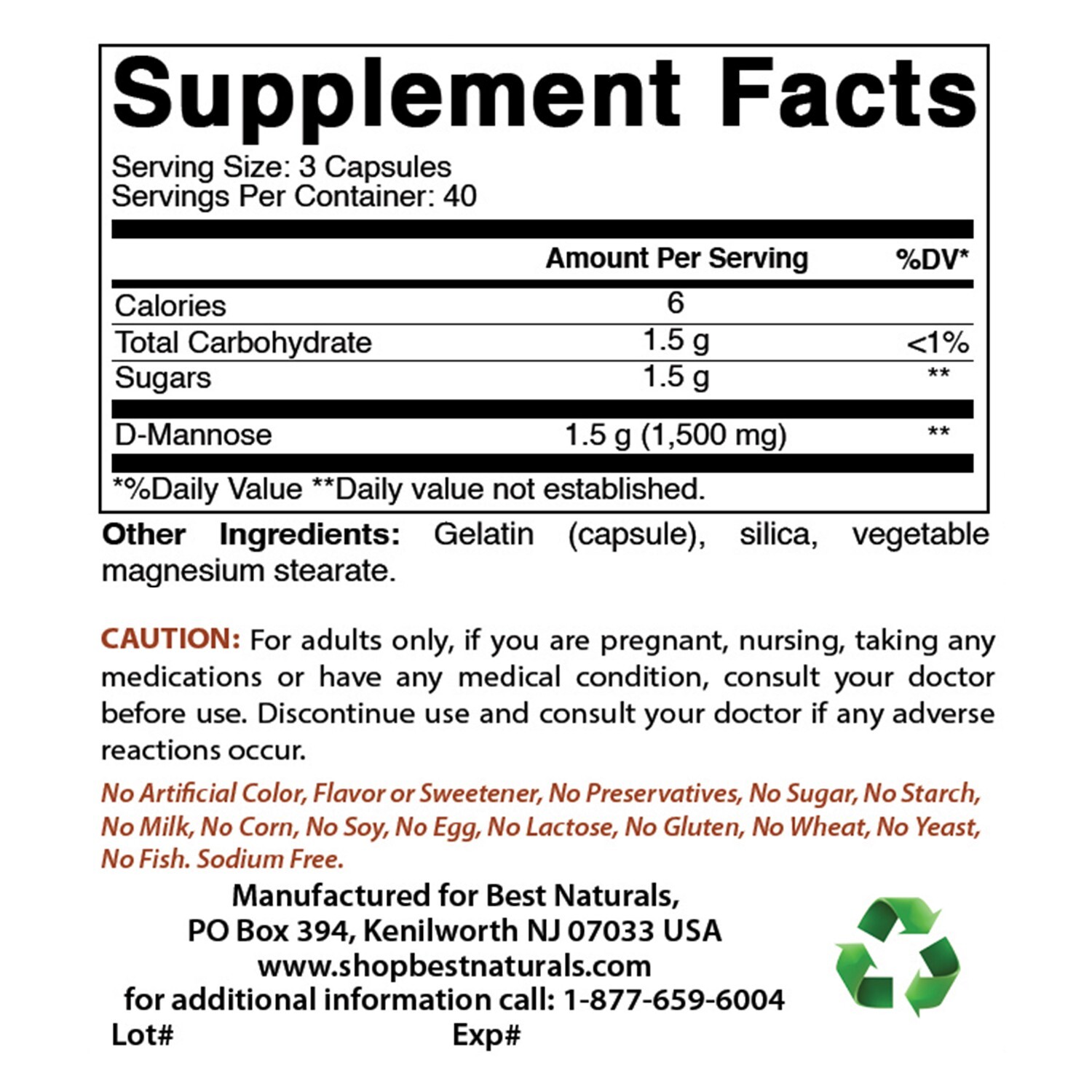 Best Naturals D-Mannose 1500 mg 120 Capsules