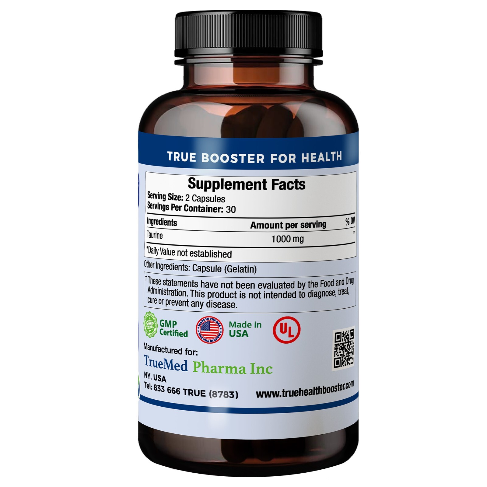 TrueMed Taurine 1000 Mg Supplement 60 Capsules