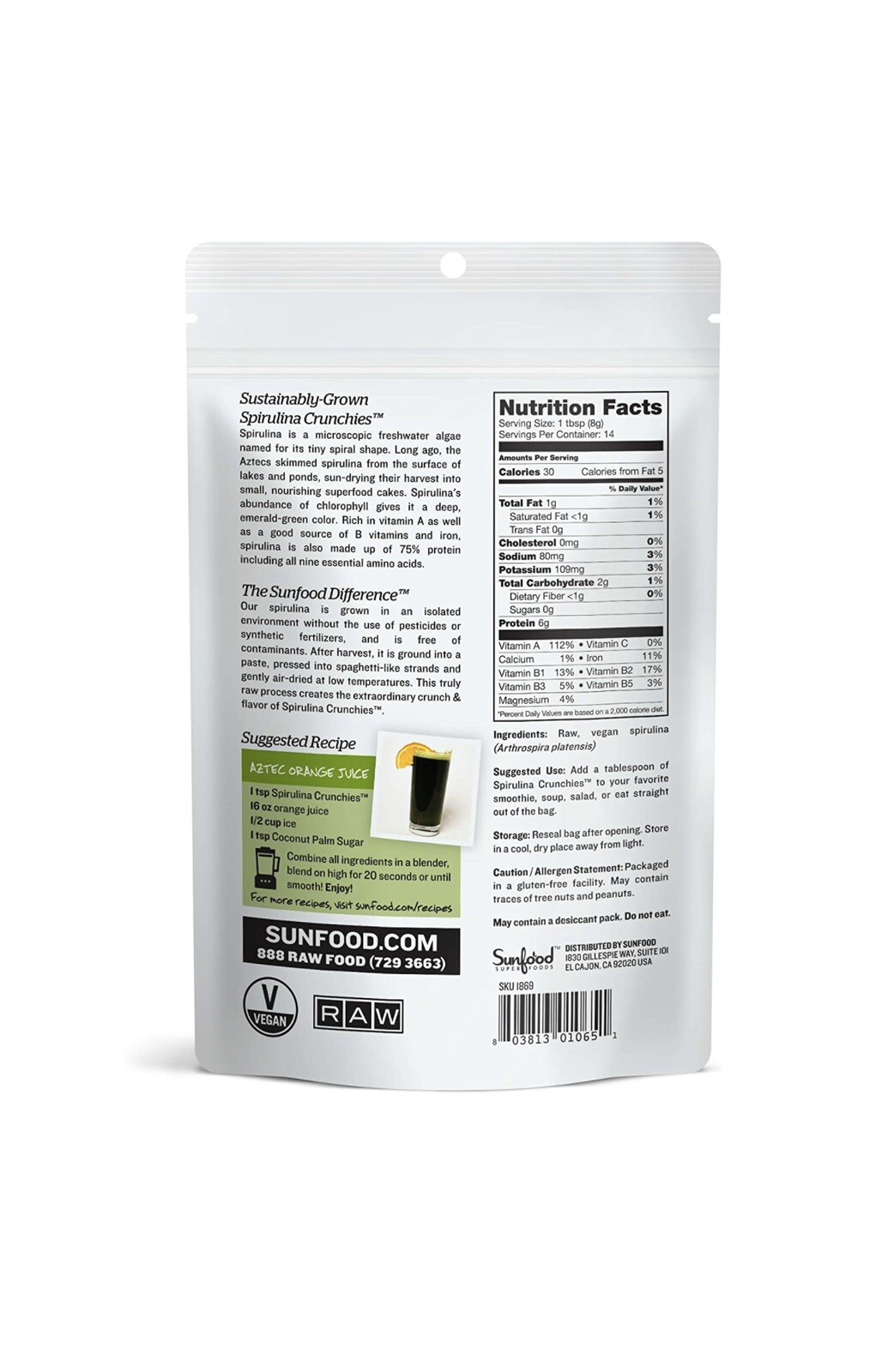Sunfood Superfoods Pure Spirulina Crunchies. 4oz-113g
