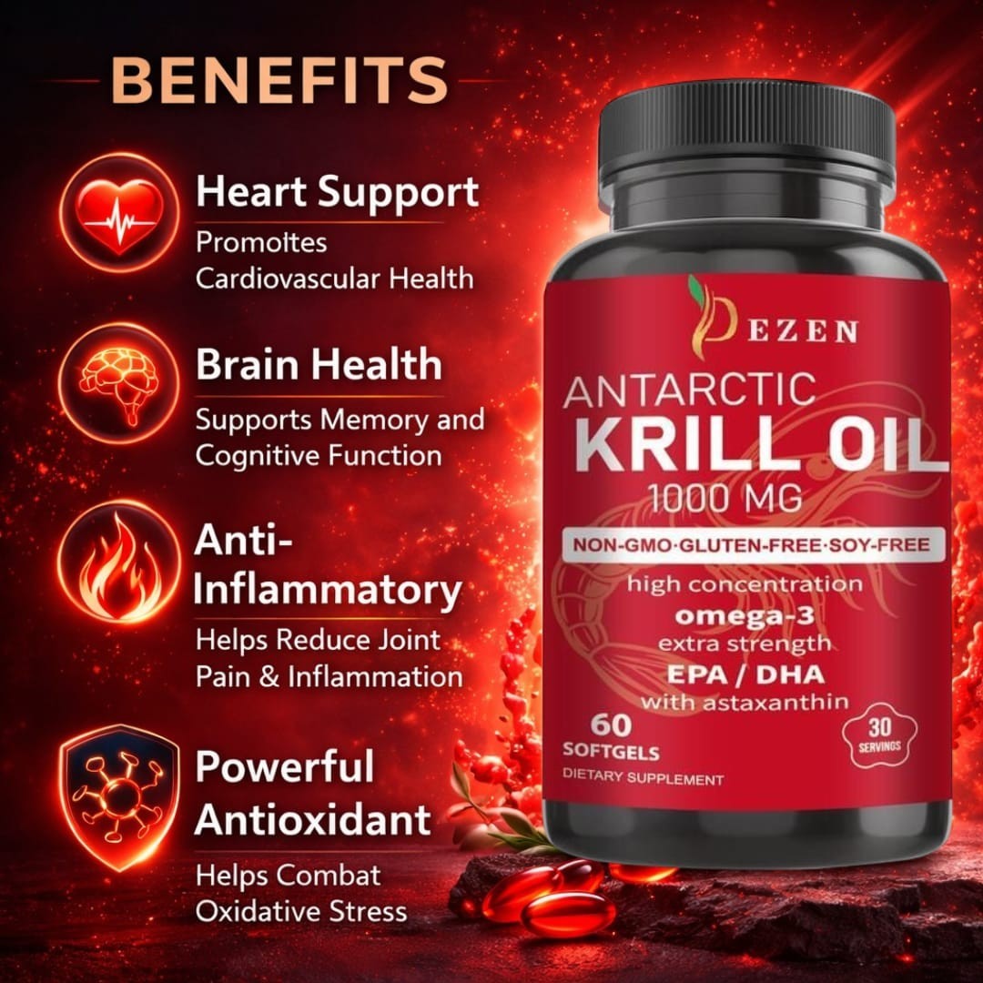 DEZEN Krill Oil Softgels with Omega-3 60 Count – Heart & Brain Support