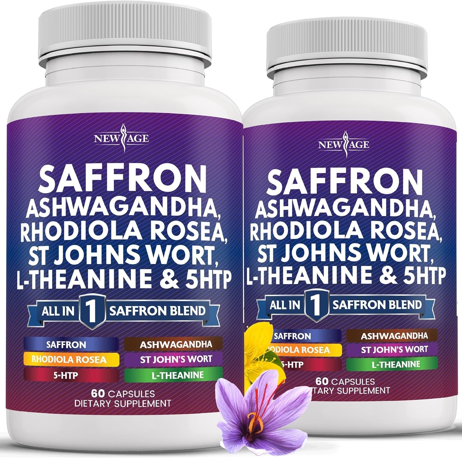 NEW AGE Saffron Ashwagandha L-Theanine Ginkgo 5-HTP Rhodiola 120 Count (2 Pack)