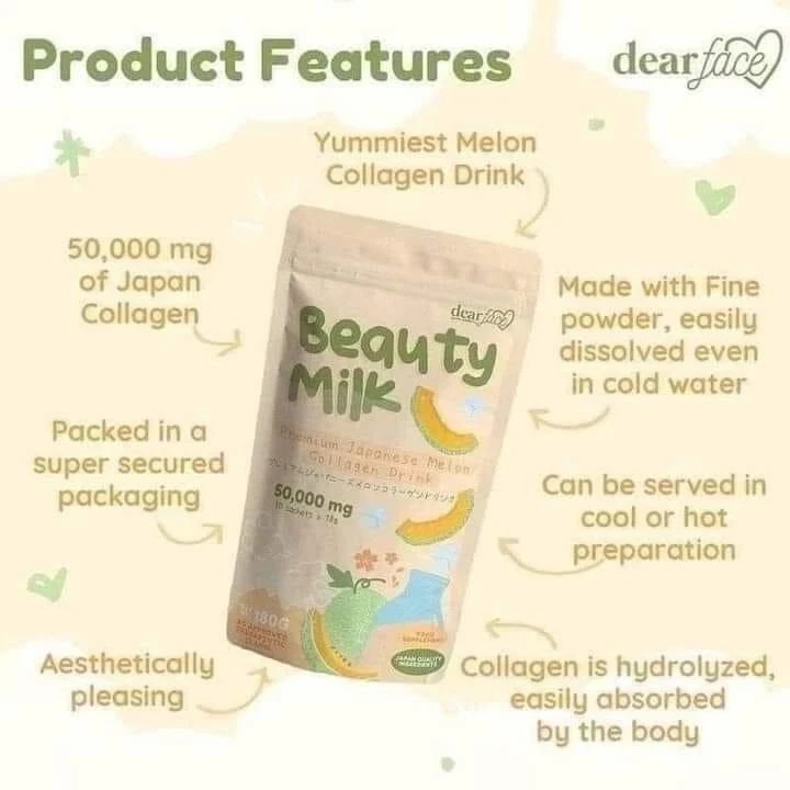 Dear Face Beauty Milk Japanese Collagen Melon Drink, 10 Sachets X 18g