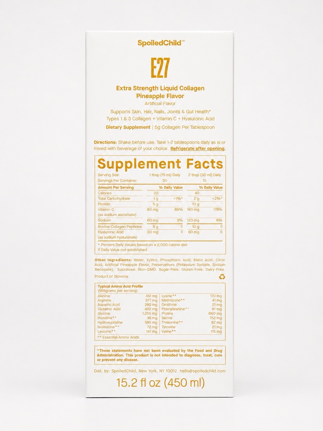 SpoiledChild E27 Liquid Collagen Pineapple Extra Strength Sugar-Free 15.2 fl oz