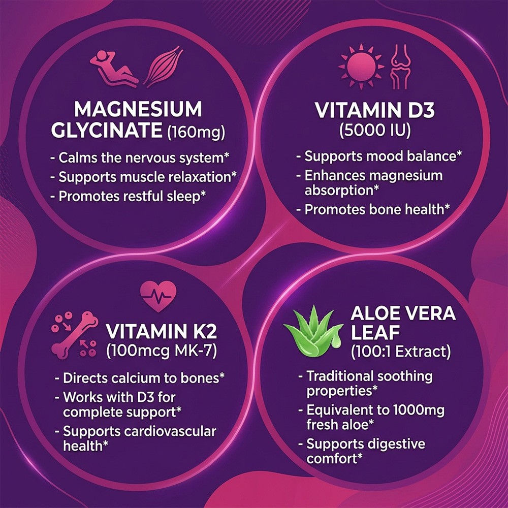 Magnesium Glycinate Complex-4-in-1 with D3,K2&Aloe Vera Stress Support 30~120Cap