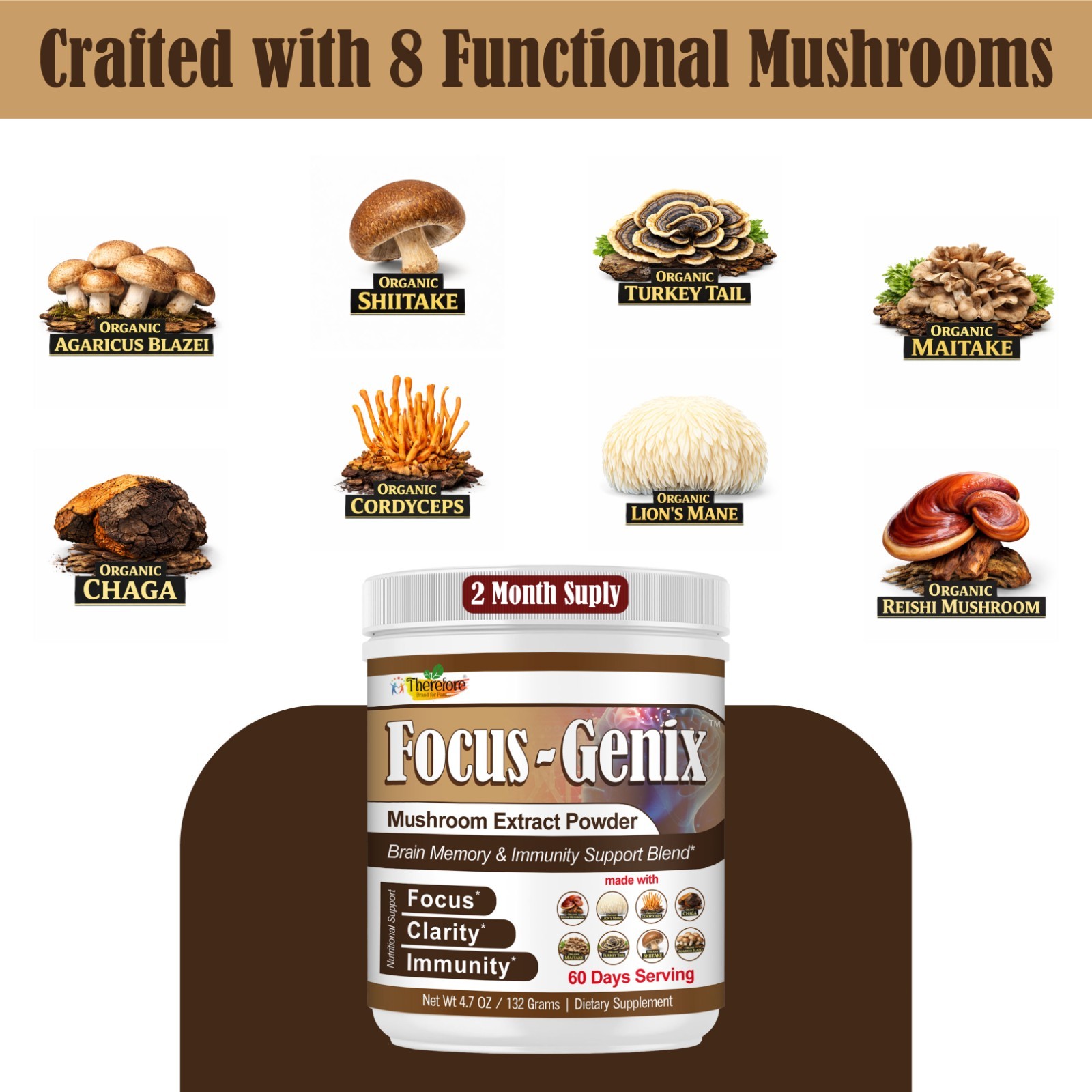 Mushroom Supplement Powder- Focus, Brain Health & Immune Support 60 Servings