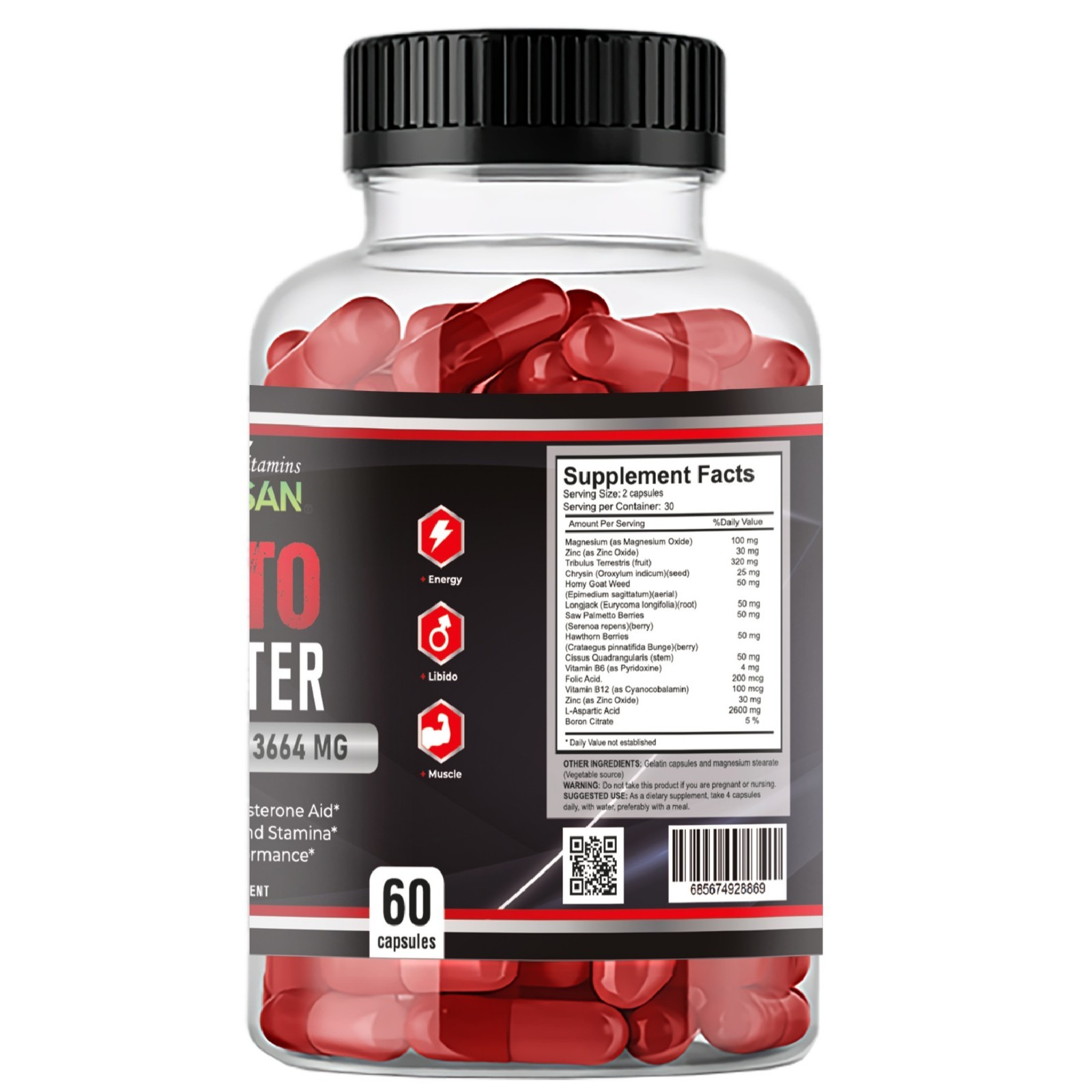 2 Bottles Vitamisan Testo Support | Natural Strength & Vitality Blend | 120 Caps