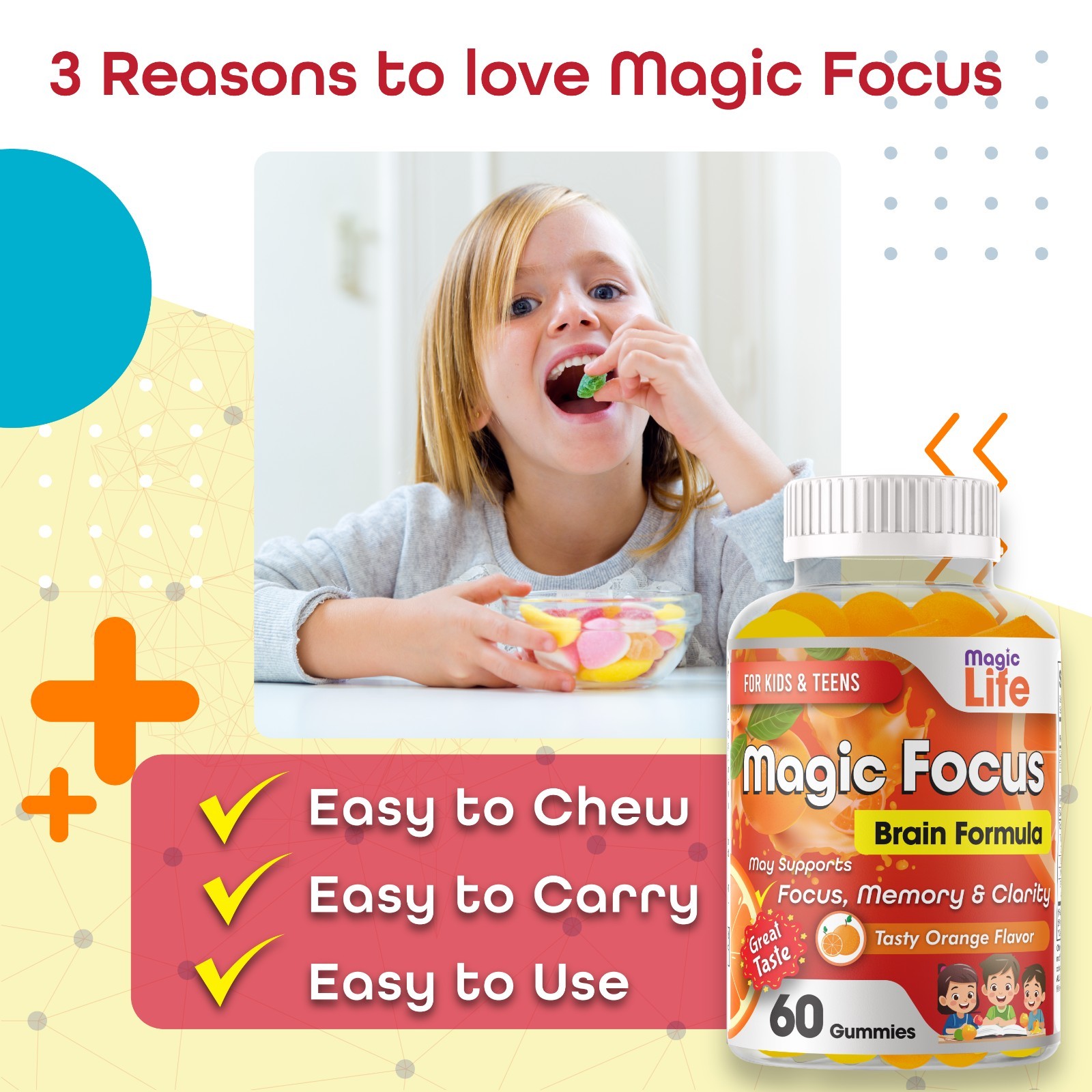 Kids Focus Gummies Brain Memory & Attention Support Vitamins for Kids & Teens