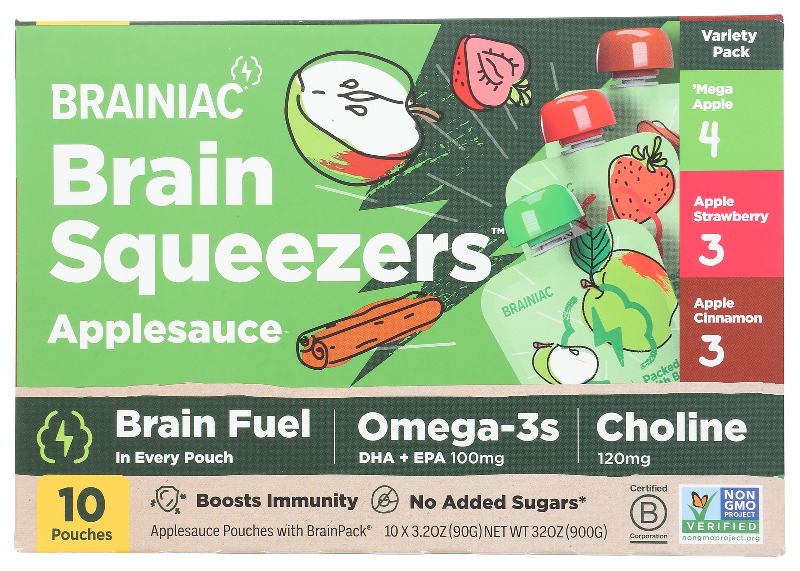 Brainiac Variety 10 Brain Squeezers Applesauce Pouches Fuel Snack 3.2 Oz 4 Pack
