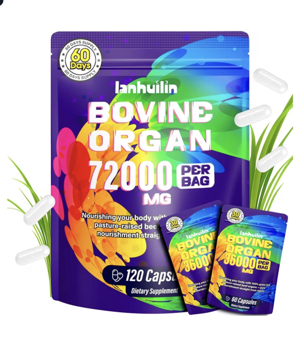 lanhuilin Bovine Organ 72000mg 120 Capsules Dietary Supplement