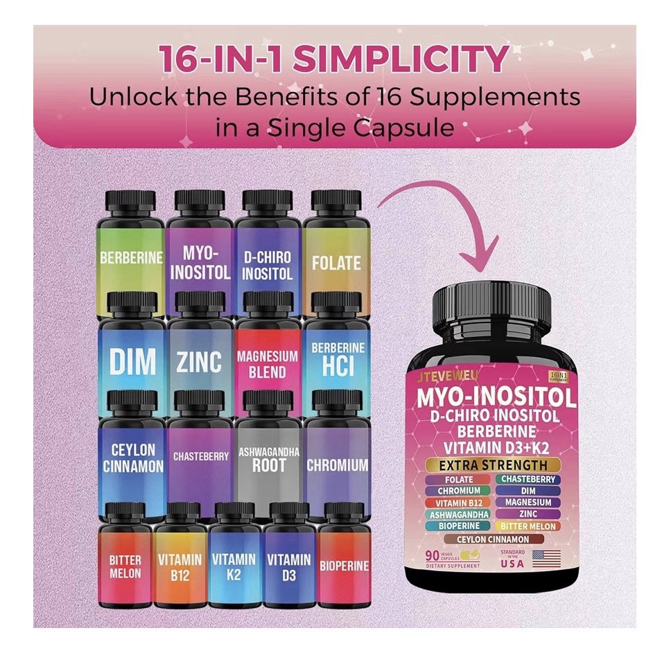 JTEVEWEU Myo-Inositol D-Chiro Inositol Berberine Vitamin D3 K2 90 Capsules Women