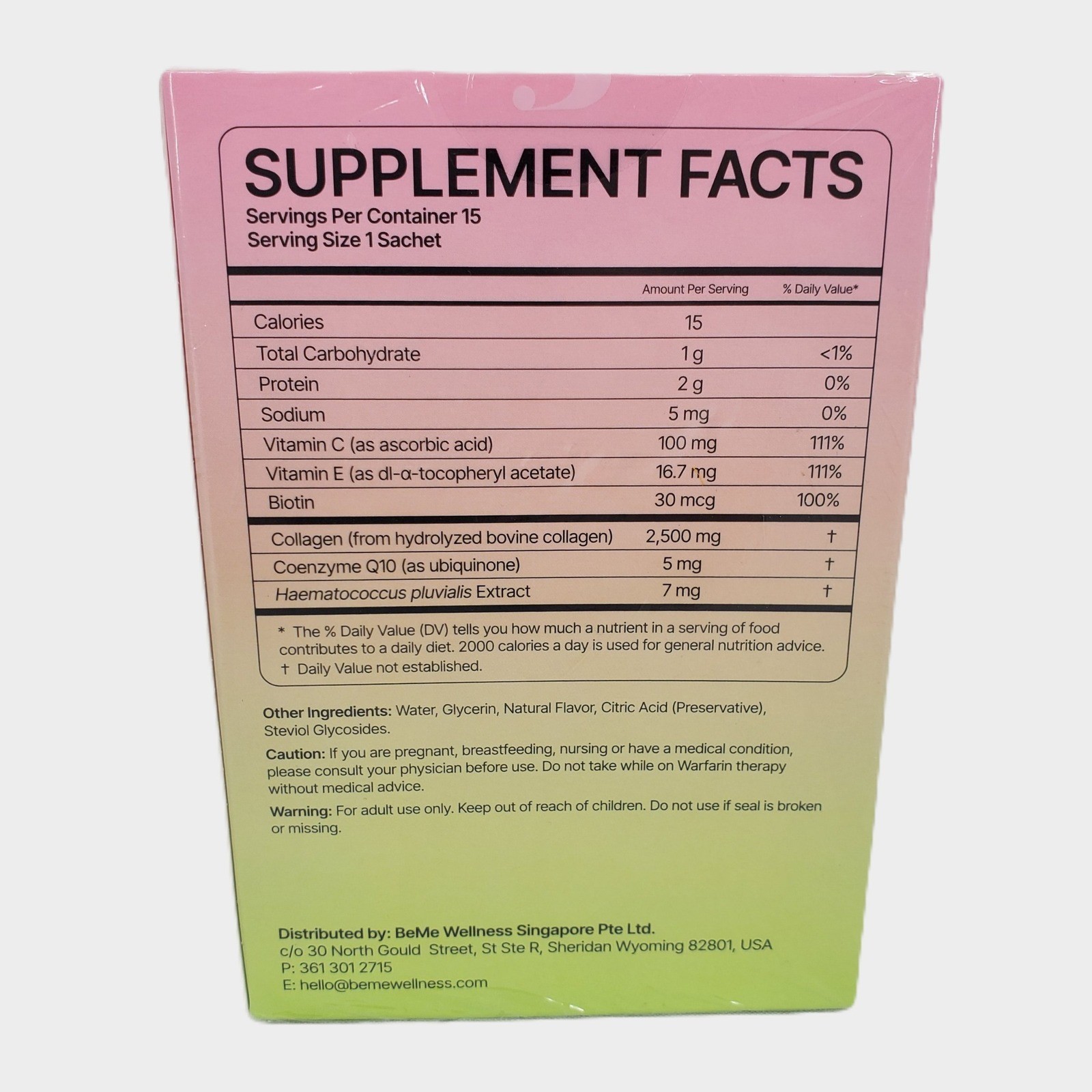 BeMe Liquid Collagen Peptide Strawberry 15 Sachets Hair Skin Nails 2500mg Biotin