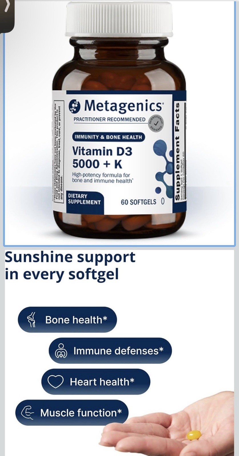 Metagenics Vitamin D3 5000 IU + K 60 Softgels Non-GMO Gluten-Free Dairy-Free