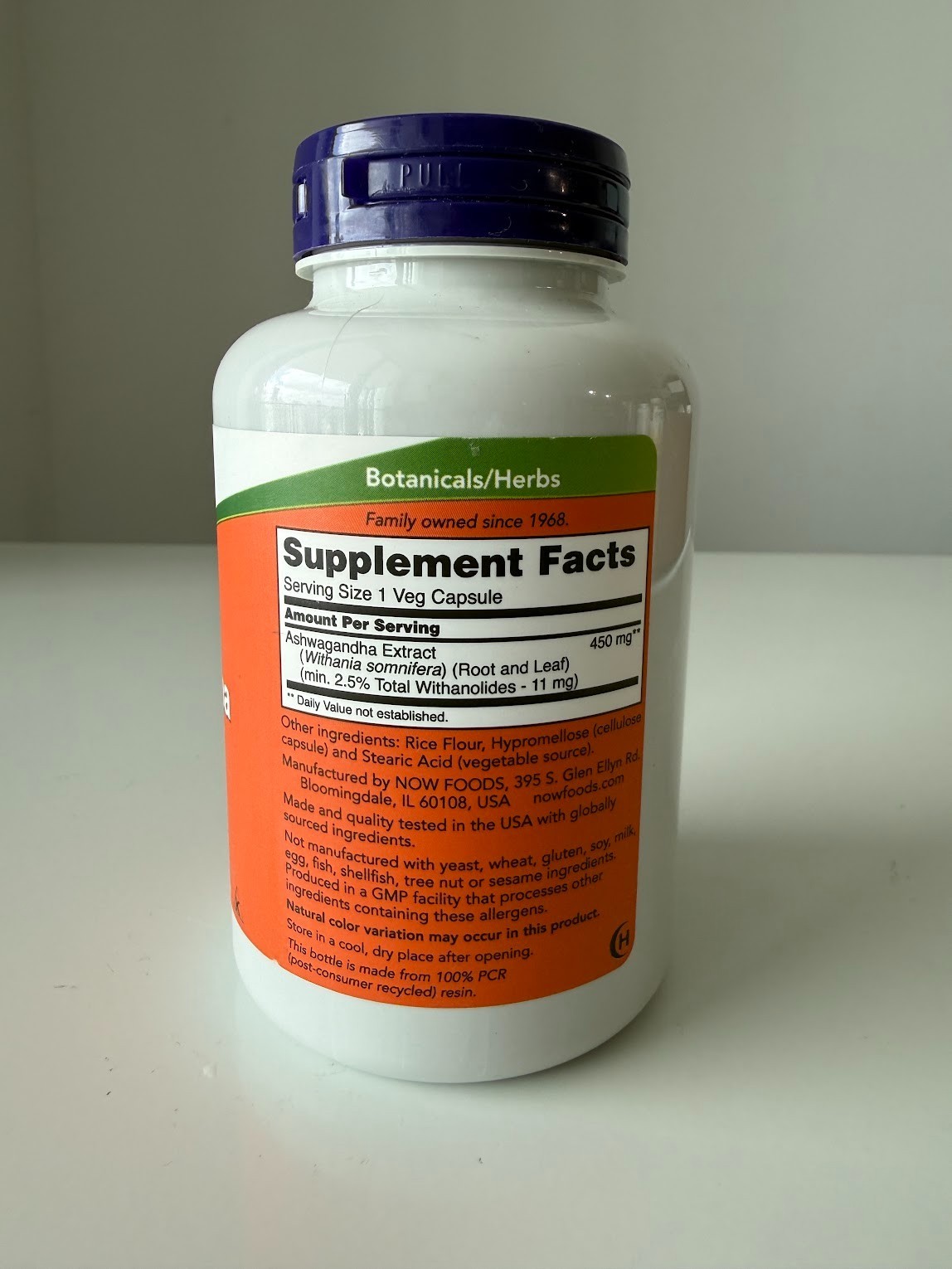NOW Foods Ashwagandha 450 mg 180 Veg Capsules Stress Support New Exp 1/2028