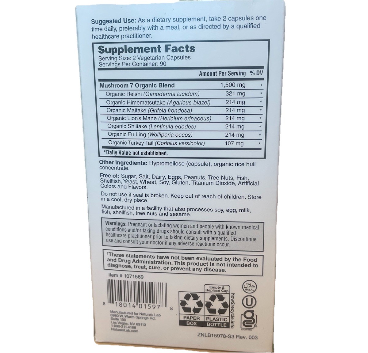 Natures Lab Mushroom 7 Complex Dietary Supplement 1,500mg 180 Caps Vegan Non-GMO