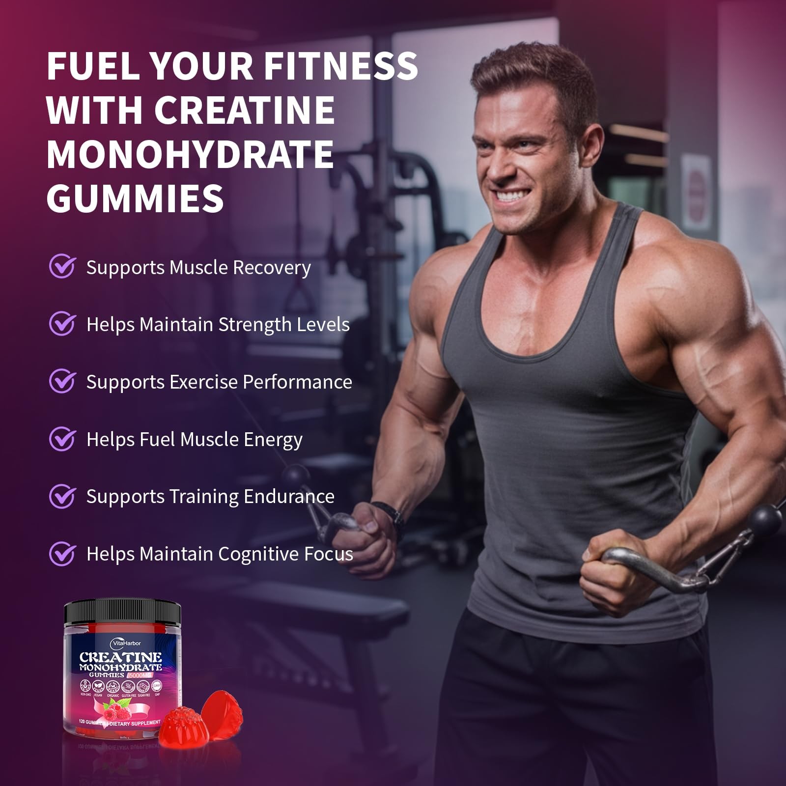 Creatine Monohydrate Gummies 5000mg for Men & Women, 120 Count (Pack of 1)