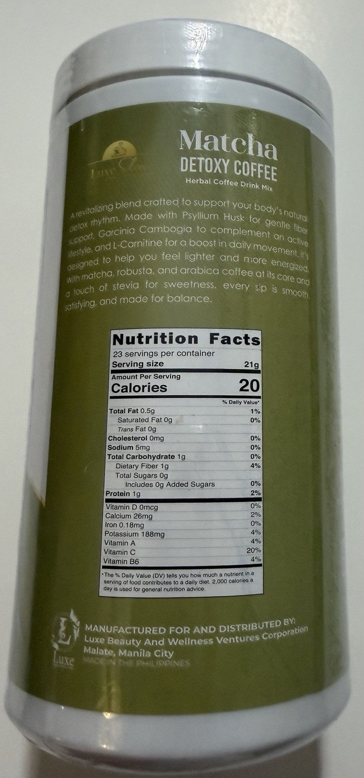 LuxeSlim Matcha Detoxy Coffee Drink Mix 500g Psyllium Garcinia L-Carnitine